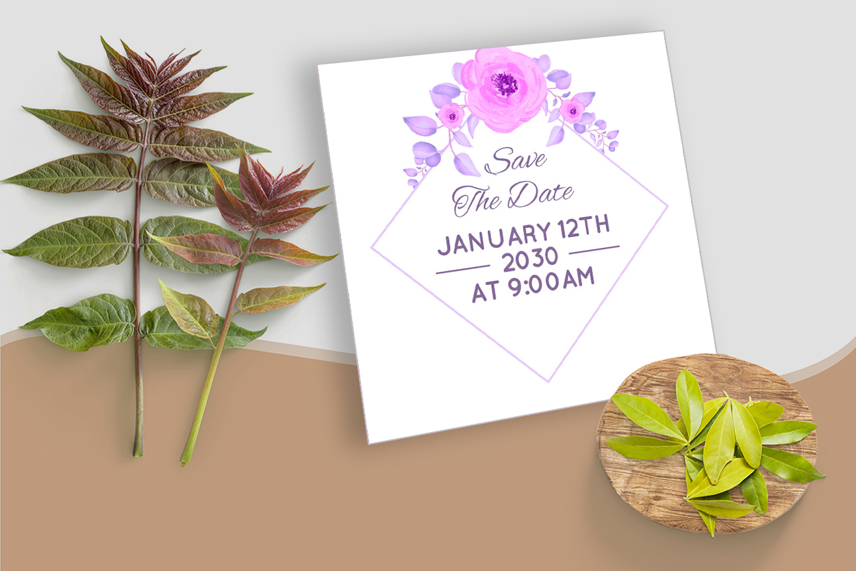 Floral Pink Square Wedding Invitation Card Watercolour Background preview image.