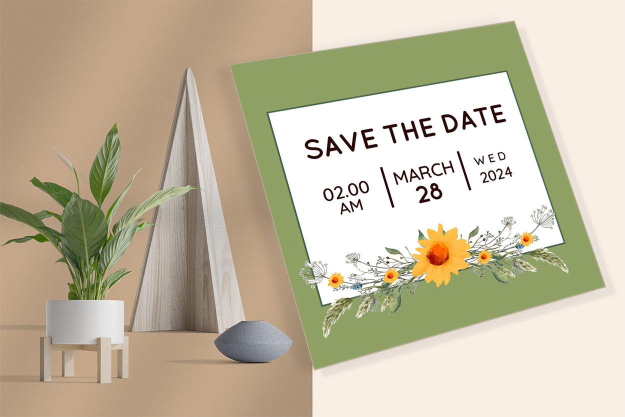 Save the Date Floral Wedding Card with Green Background preview.