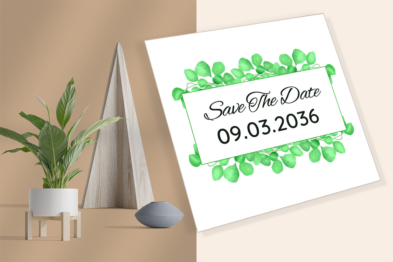 Wedding Сard with Green Leaves Border mockup example preview.