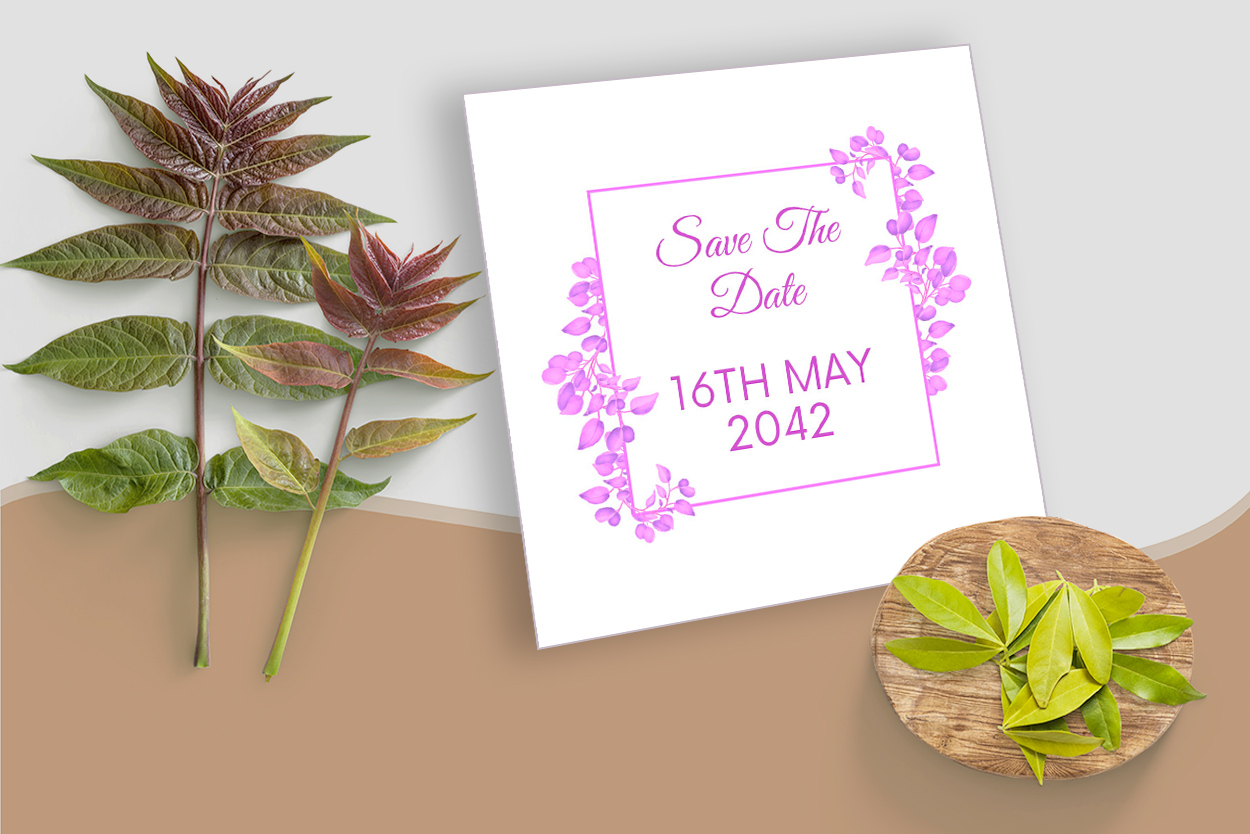 Mockup image with Beautiful Leaf Wedding Invitation Card.