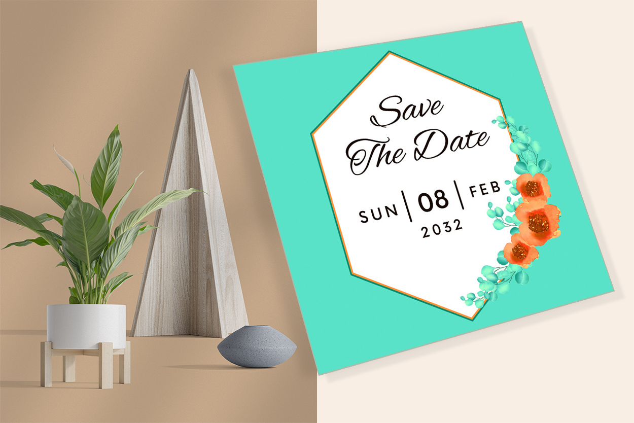 Turquoise wedding invitation with orange flowers.