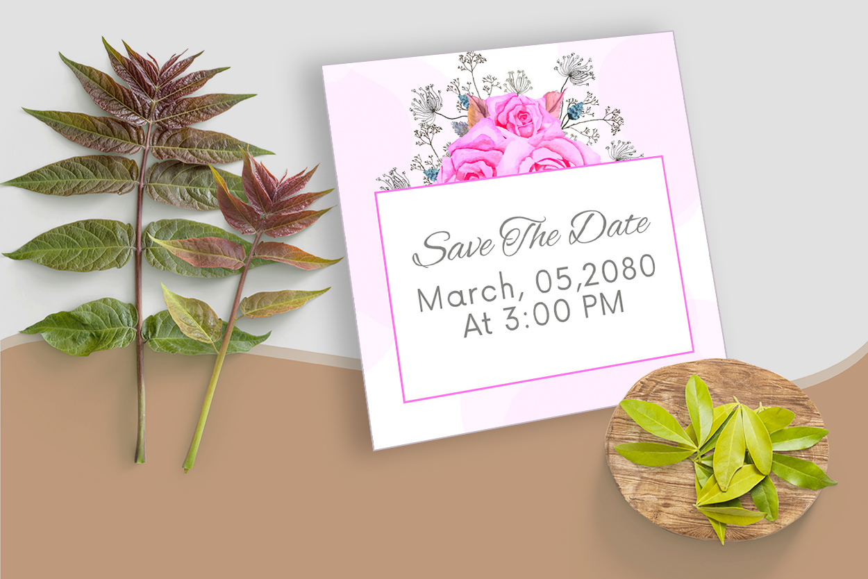 Wedding Card Template with Pink Rose Florals Watercolor for your events.