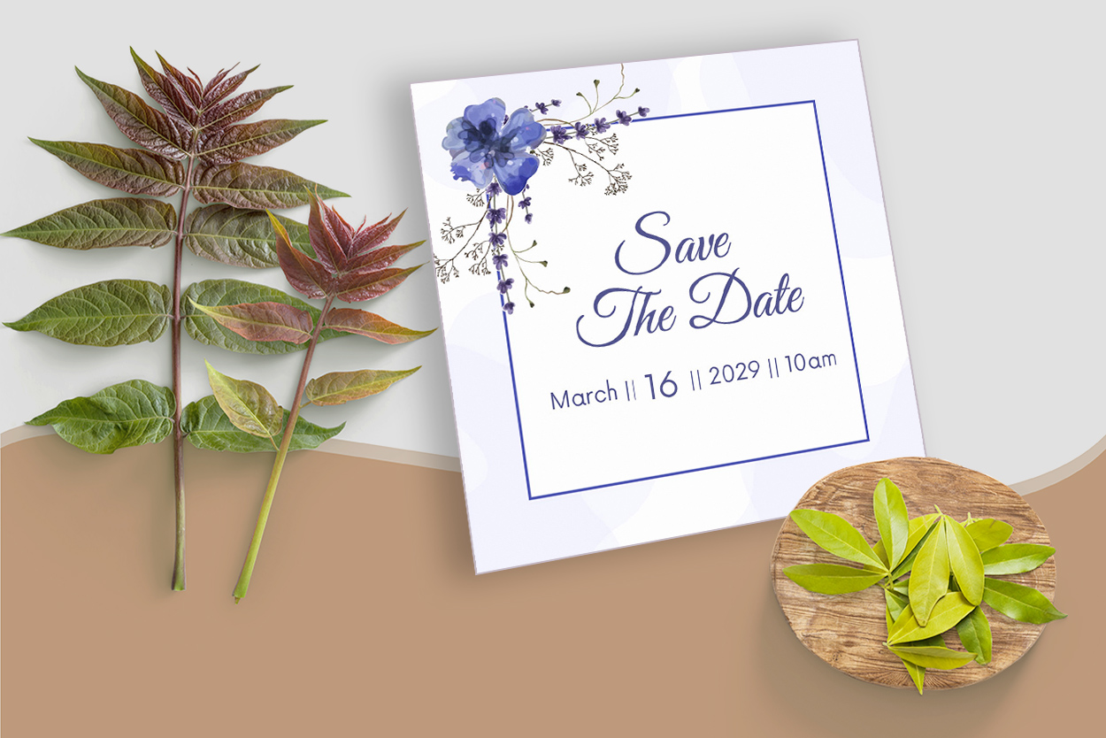 Navy Blue Floral Wedding Invitation Card Template Save the date preview.