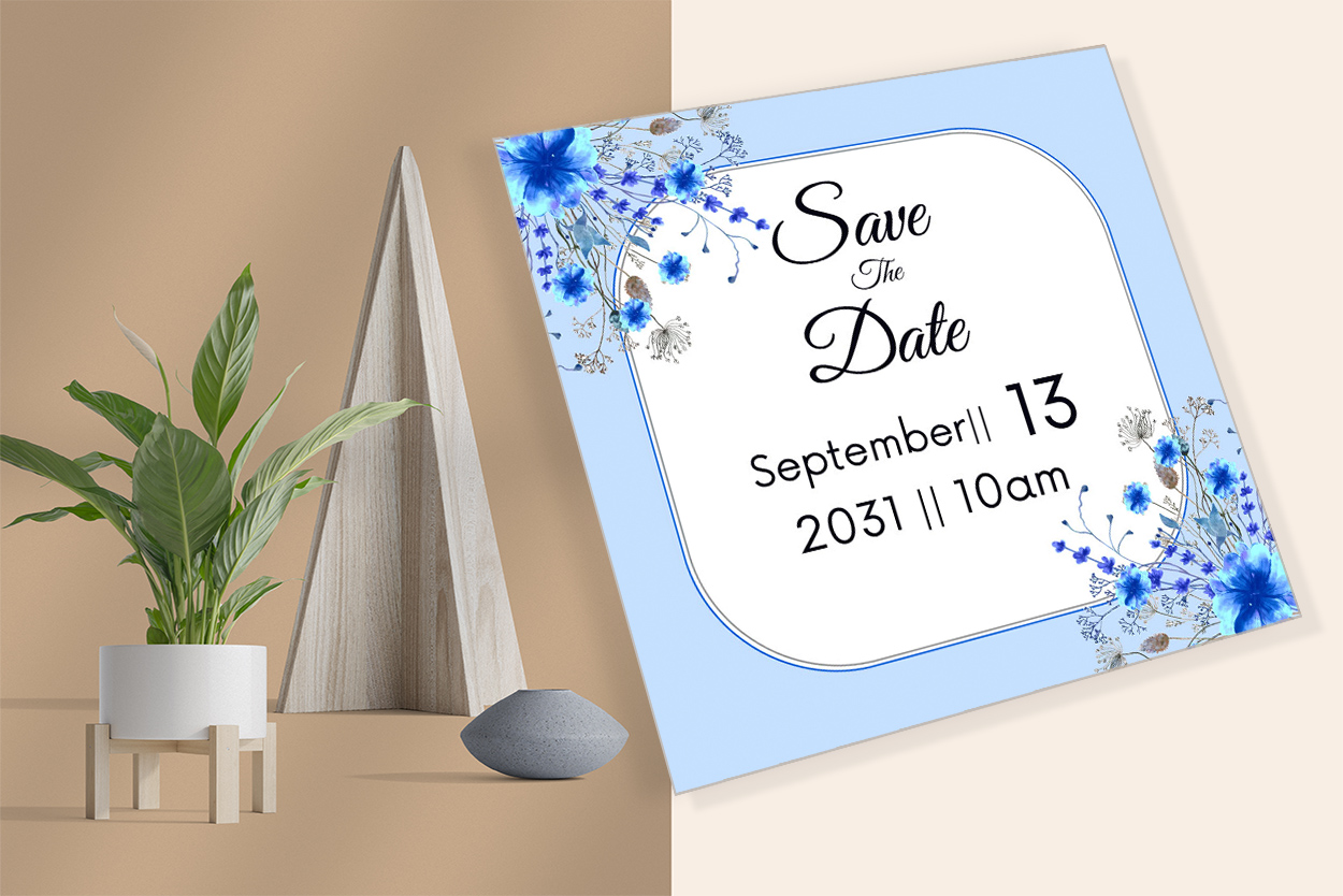 Blue Floral Design Wedding Card Vector with blue border.