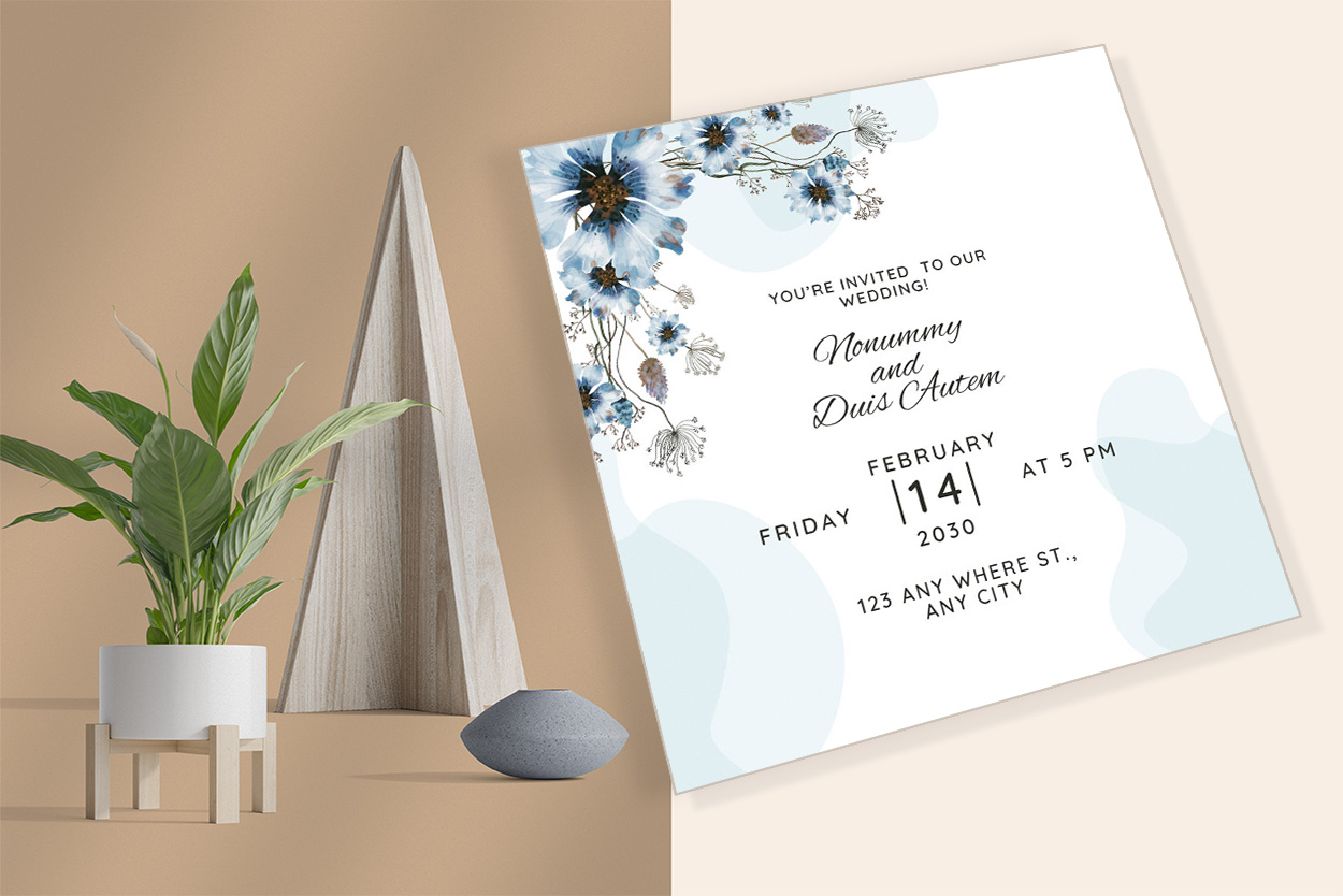 Blue Watercolor Florals Wedding Invitation Card mockup example preview.