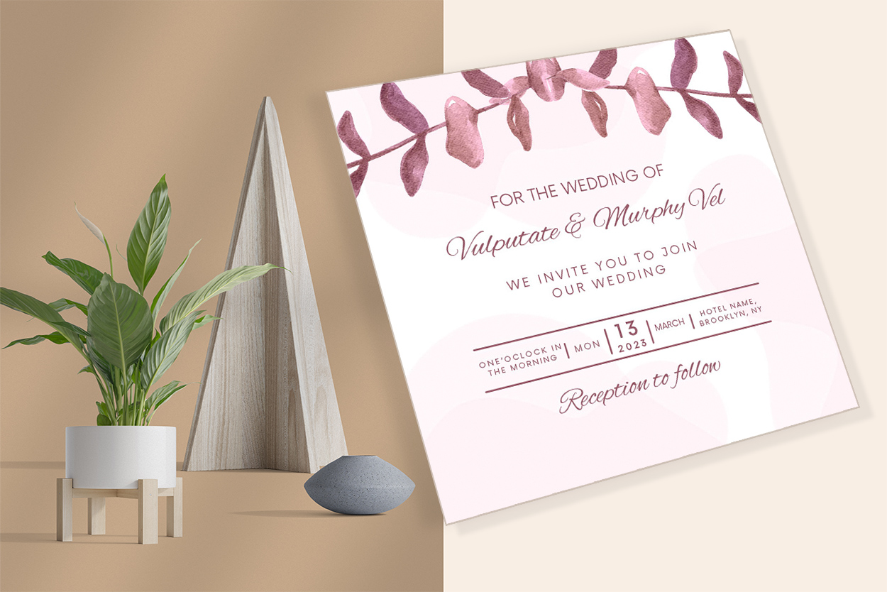 Image of a unique wedding invitation with purple leaves.