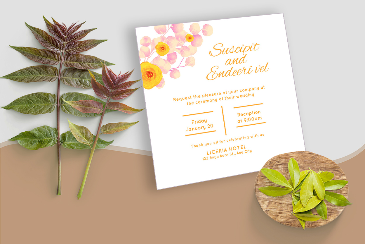 Yellow Floral and Watercolor Leaf Wedding Card for your events.