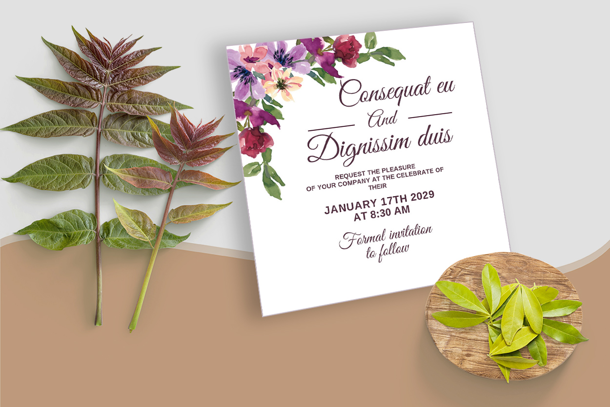 Square Wedding Invitation Card Watercolour Floral Background preview image.