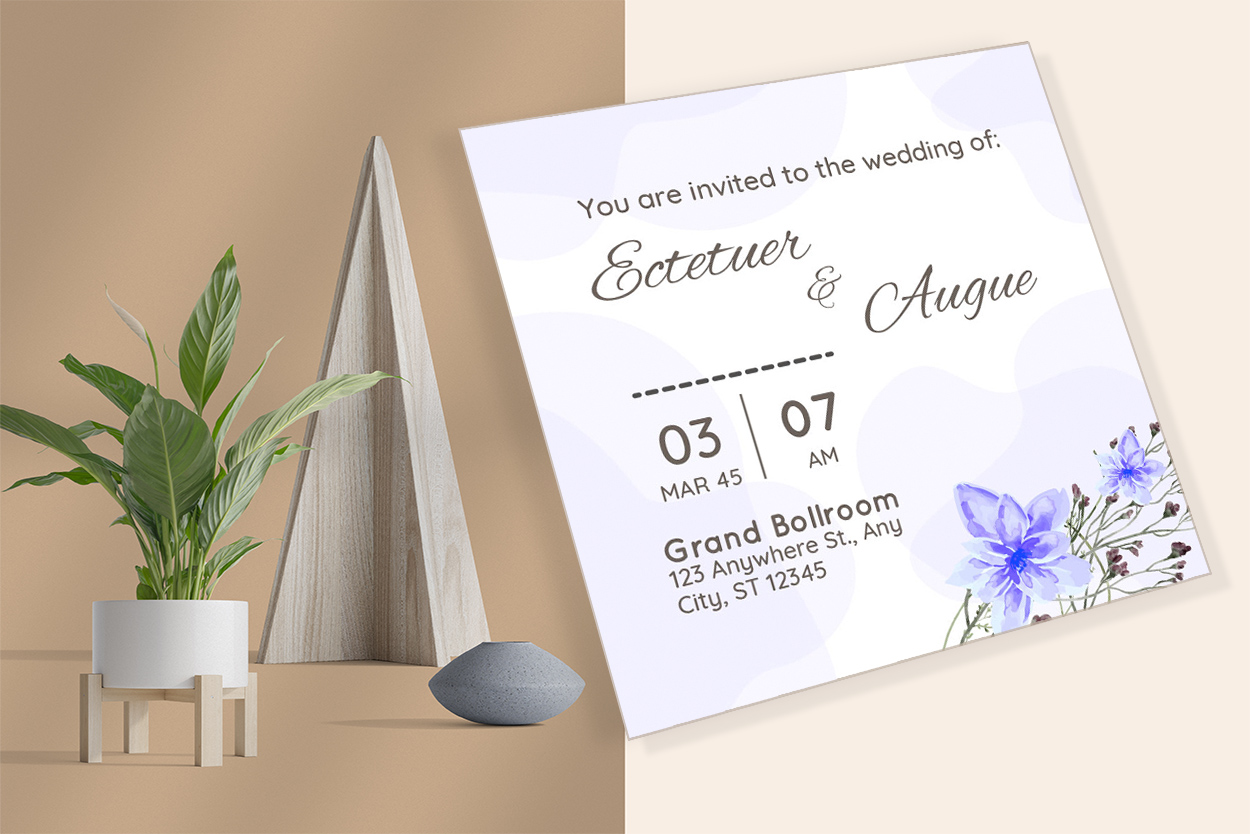 Image of charming wedding invitation with watercolor blue flowers.