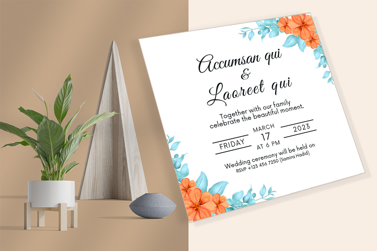 Use Blue Leaves Orange Floral Wedding Card Template for your events.