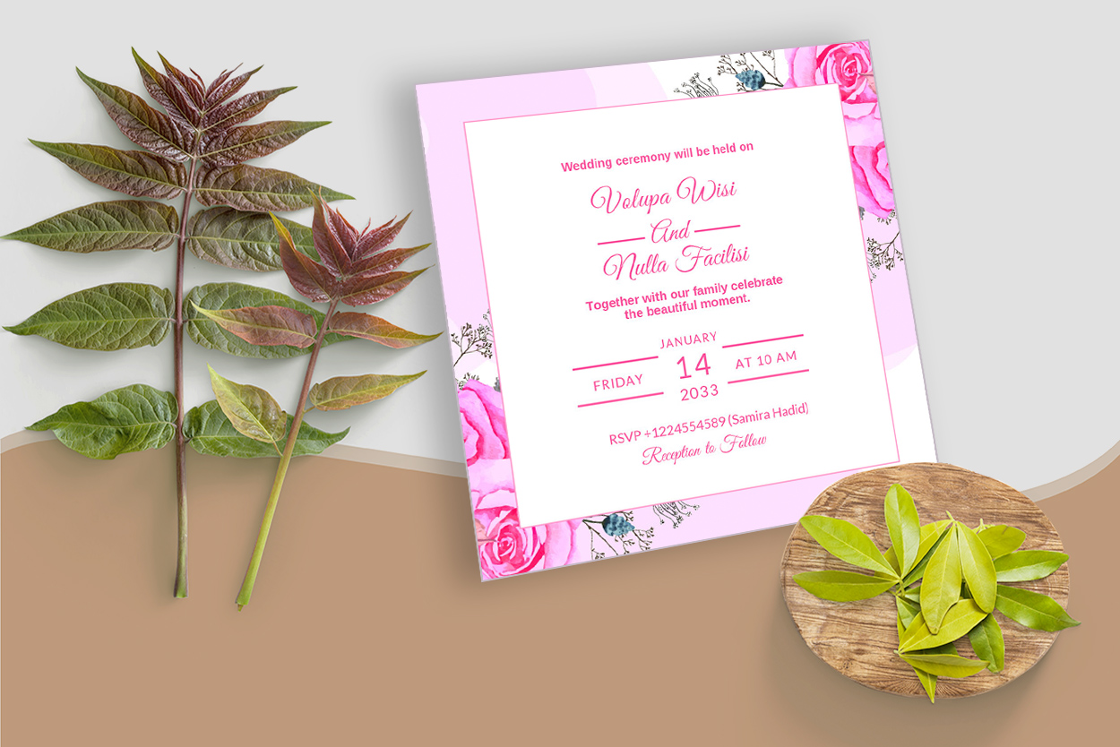 Wedding Ceremony Card with Pink Rose Florals mockup example.