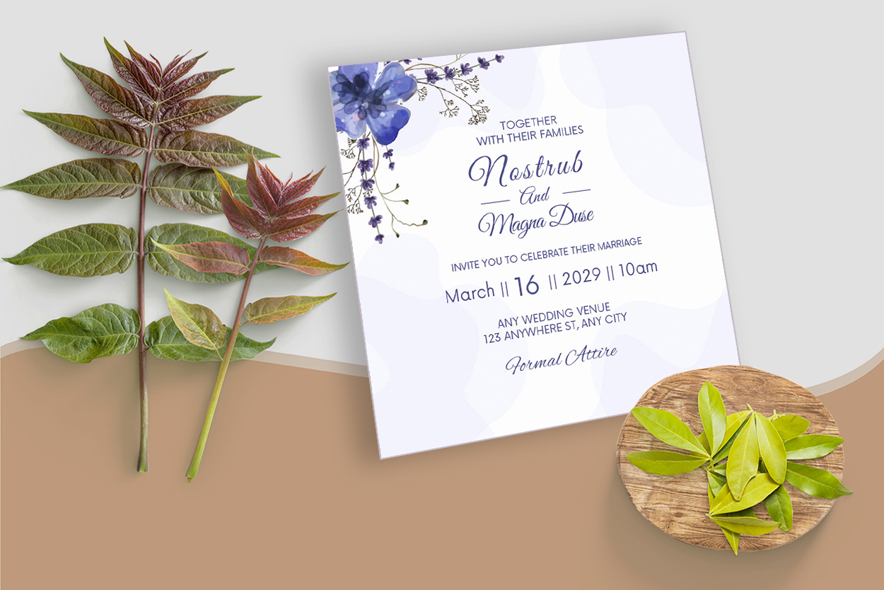 Navy Blue Floral Wedding Invitation Card Template for your events.