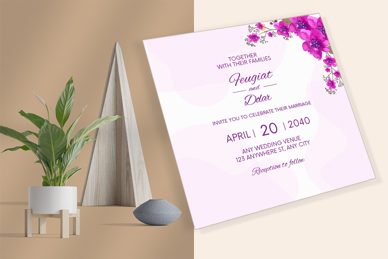 Vibrant Purple Floral Wedding Invitations mockup example.