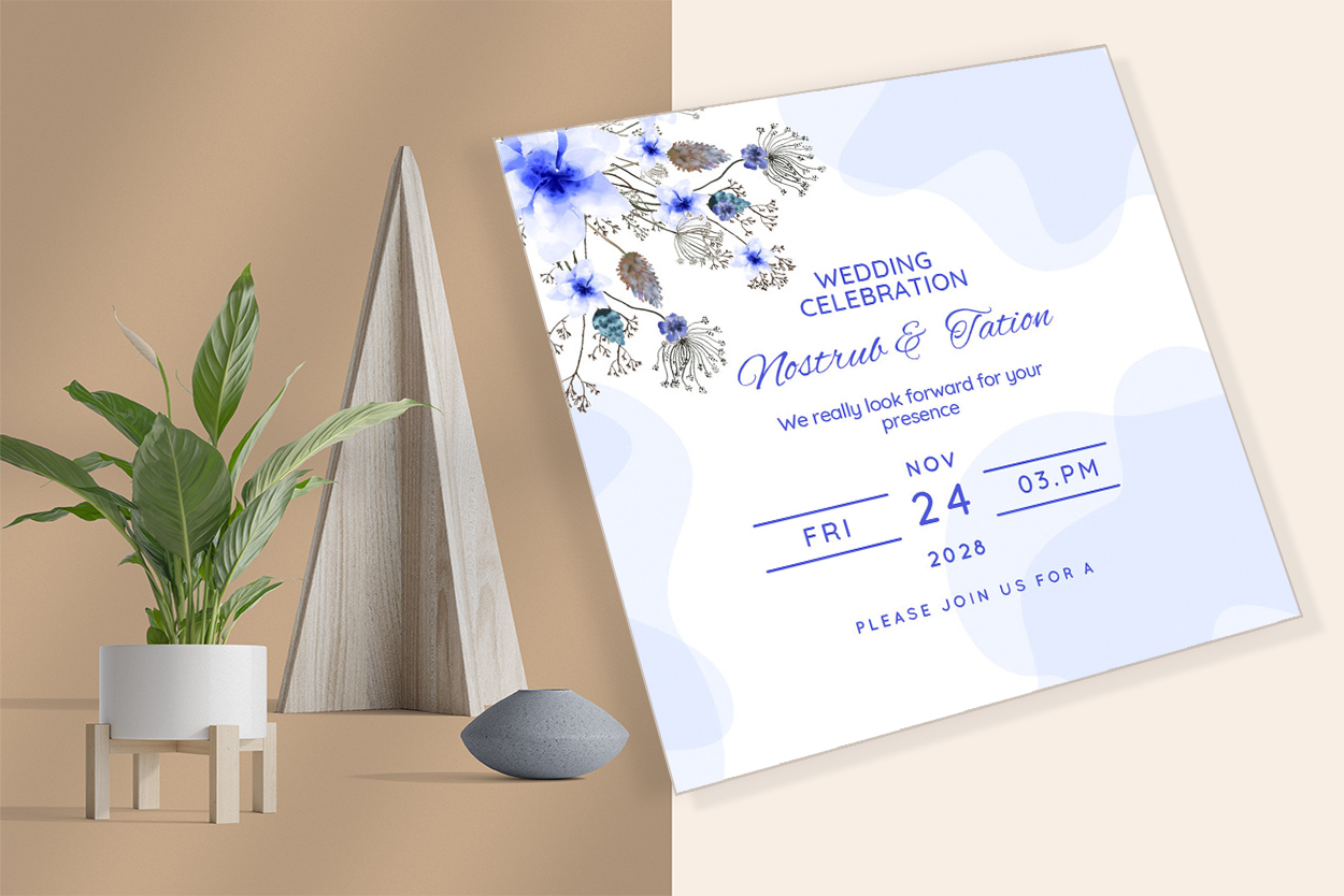 Blue White Floral Wedding Invitation Card for your events.