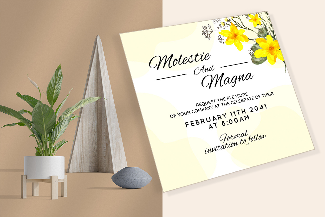 Image of irresistible wedding invitation with yellow flowers.