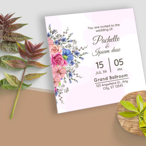 Blue and Pink Floral Wedding Card Design - MasterBundles