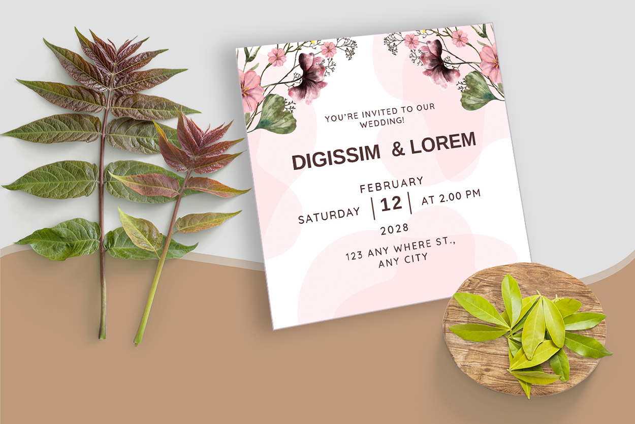 Watercolor Wedding Invitation Card with Flowers mockup example.