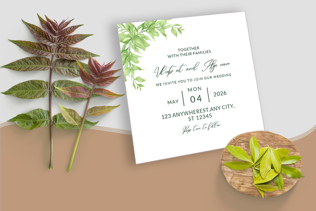 Beautiful Wedding Card with Leaf Design mockup preview.