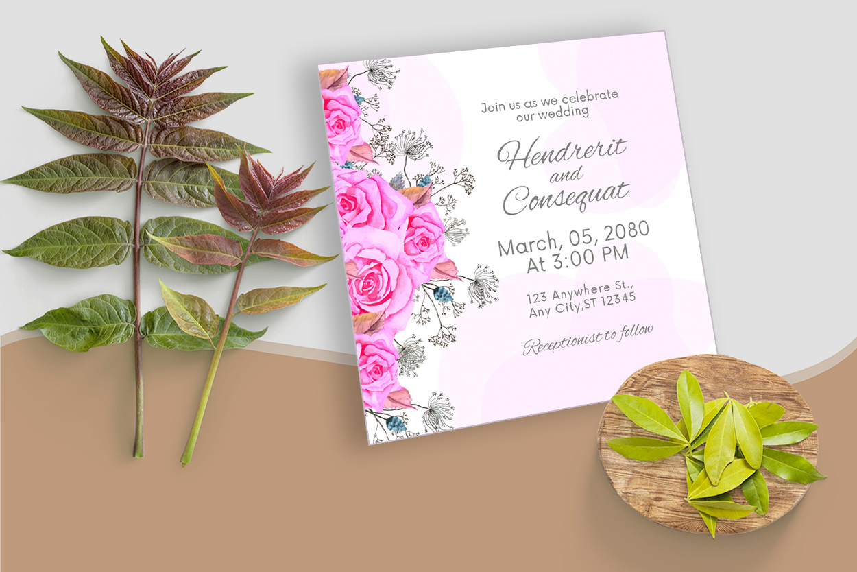 Wedding Card Template with Pink Rose Florals Watercolor mockup example.