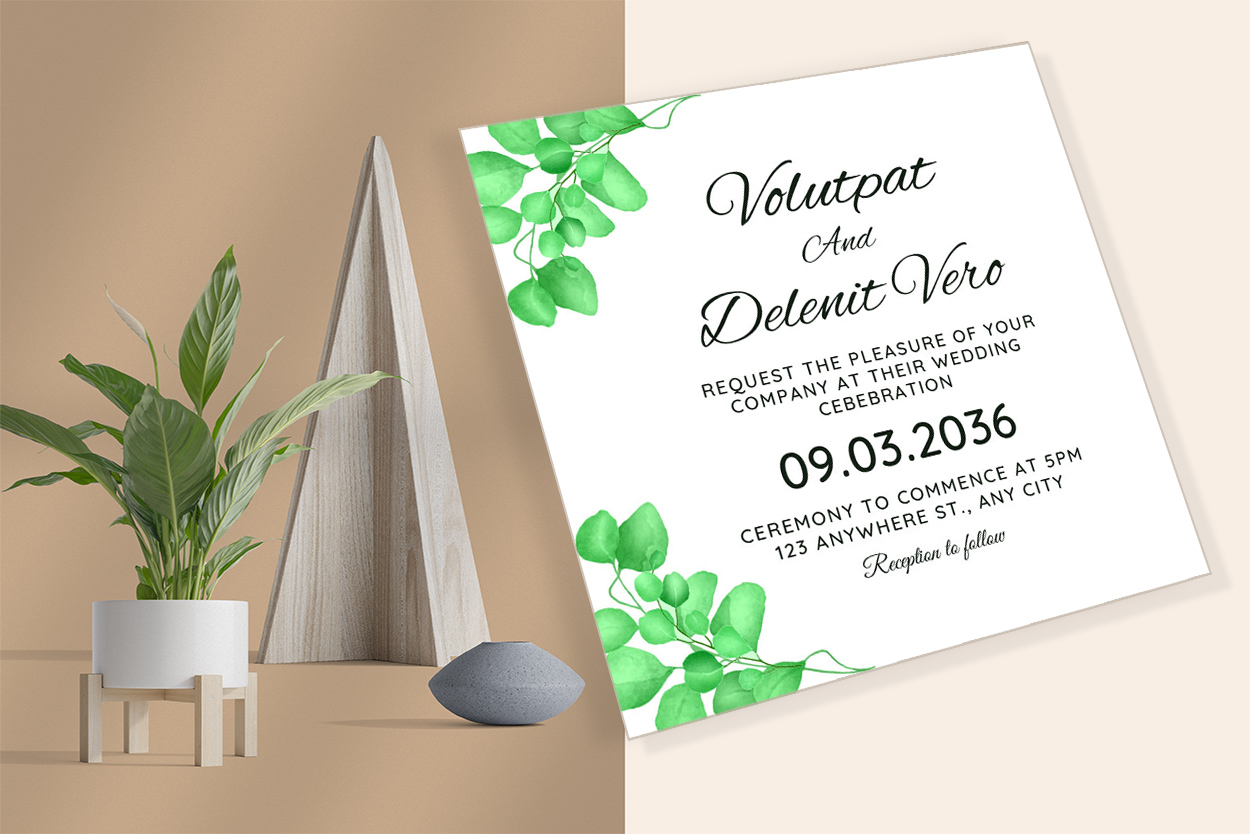 Wedding Сard with Green Leaves Border for your events.