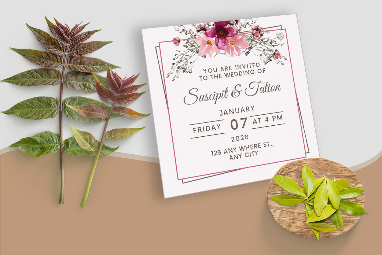 Square Wedding Invitation Card Watercolour Floral Background preview image.