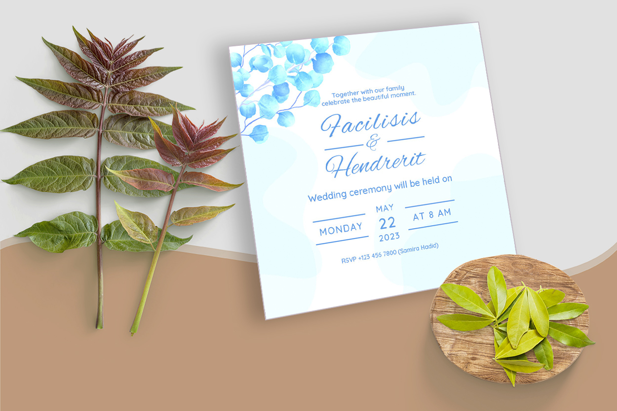 Watercolor Blue Floral Wedding Card Design for your events.