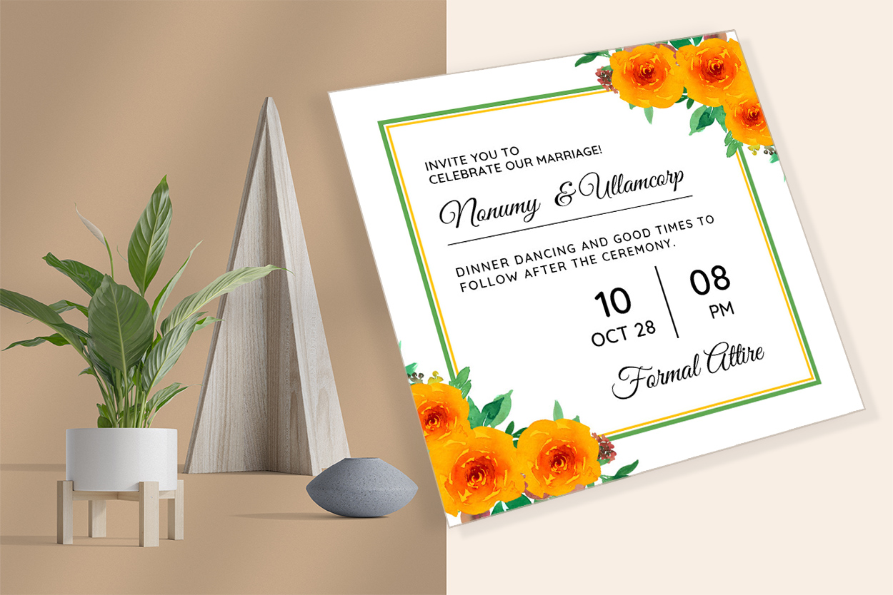 Square Wedding Invitation Card Watercolour Floral Background preview image.