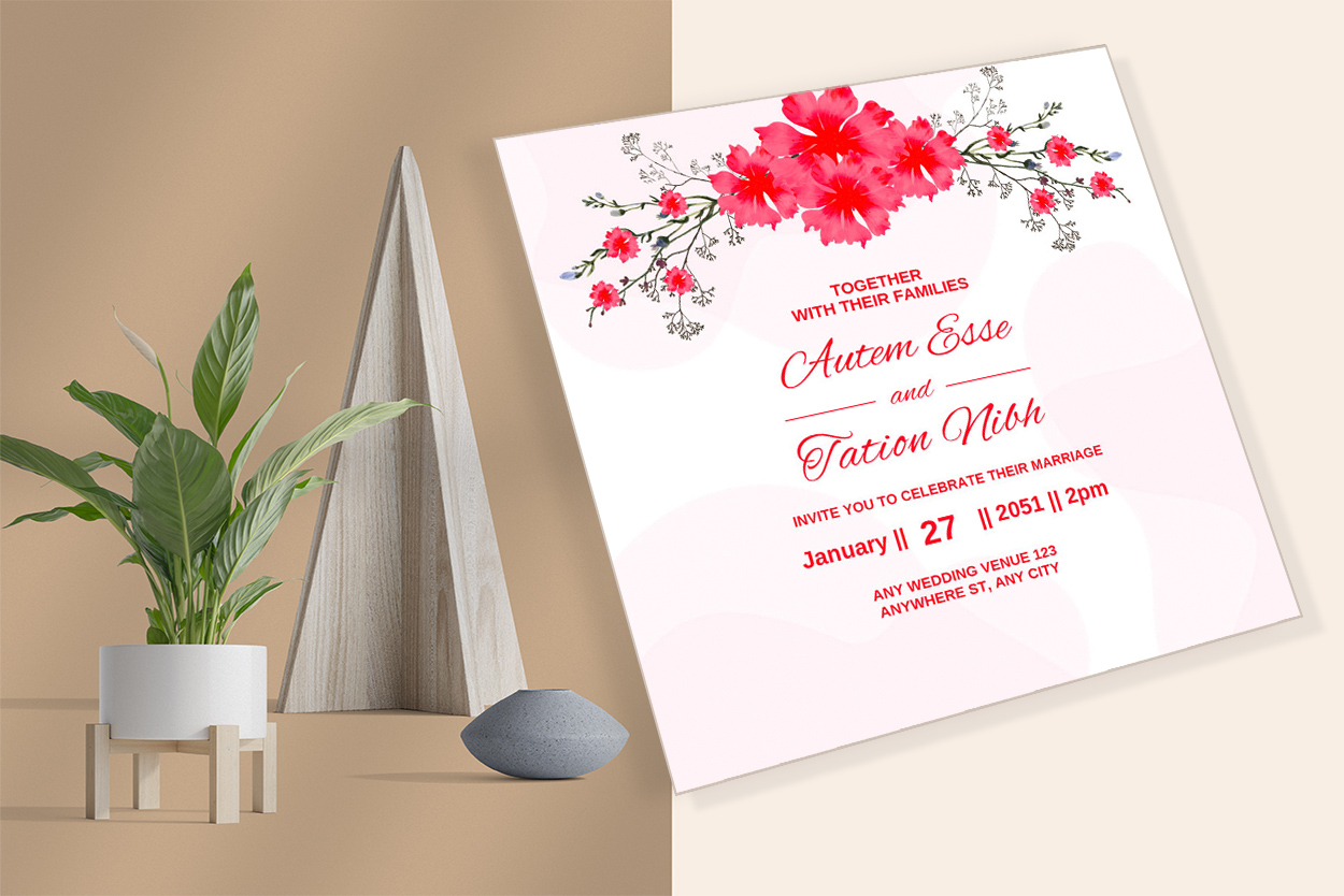 Image of gorgeous wedding invitation with hibiscus flowers.