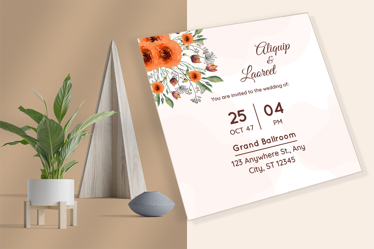 Yellow Rustic Floral Wedding Invitations mockup example.