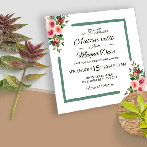 Green Frame Rose Floral Wedding Card - MasterBundles