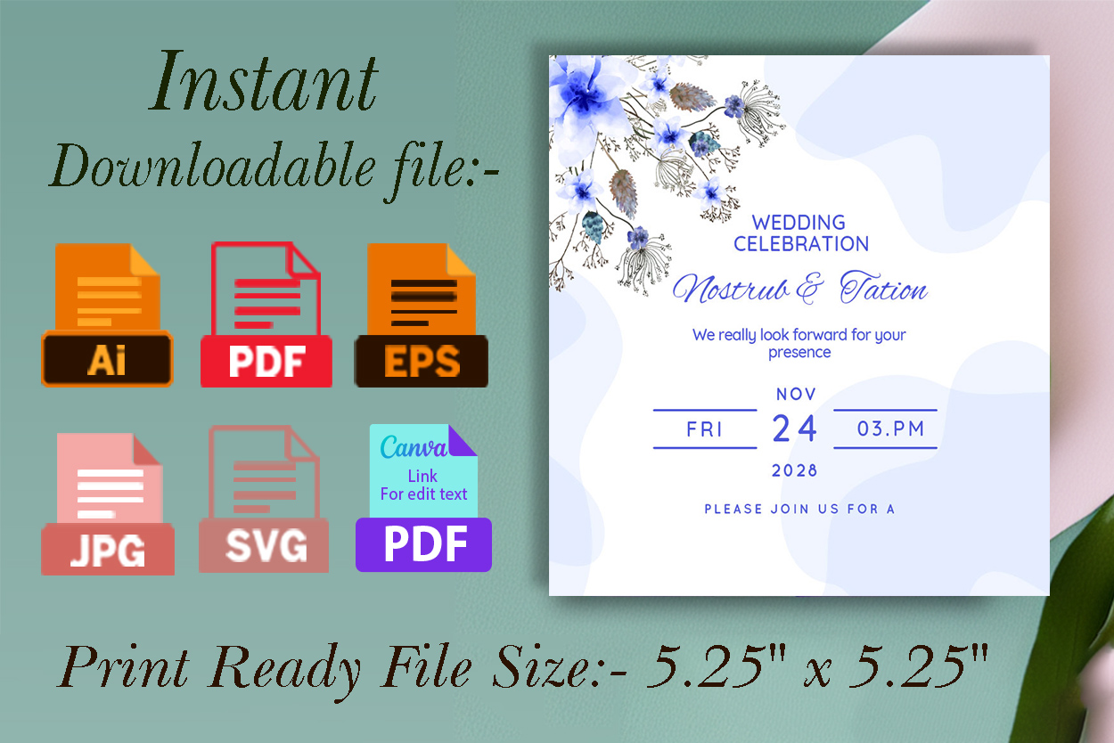 Blue White Floral Wedding Invitation Card details.