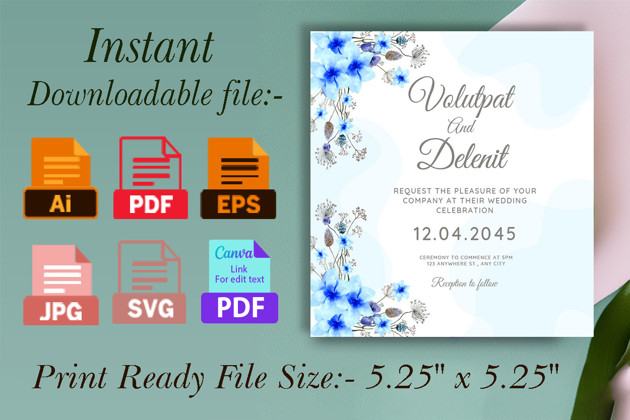 Blue Floral Wedding Invitation Card Template details information.