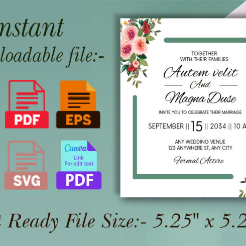 Green Frame Rose Floral Wedding Card - MasterBundles