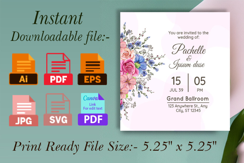 Blue and Pink Floral Wedding Card Design - MasterBundles