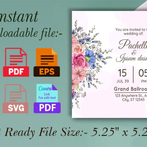 Blue and Pink Floral Wedding Card Design - MasterBundles