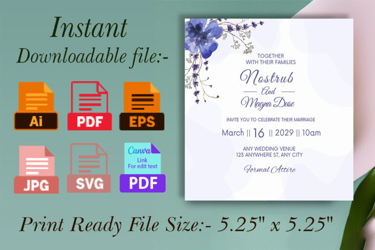 Navy Blue Floral Wedding Invitation Card Template - MasterBundles