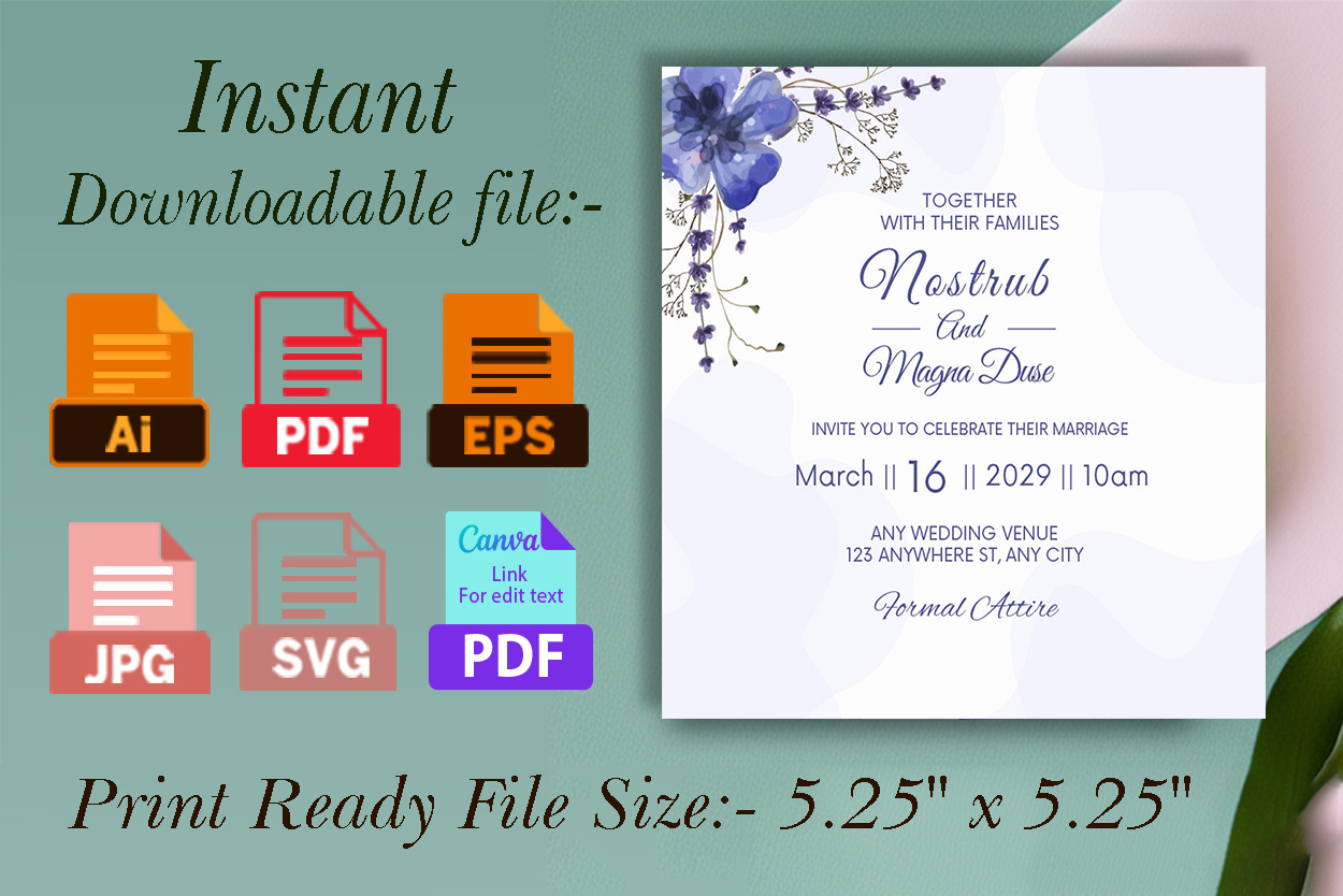 Navy Blue Floral Wedding Invitation Card Template details.