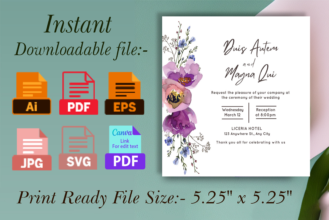 Wedding Card Template with Purple Floral additional info.