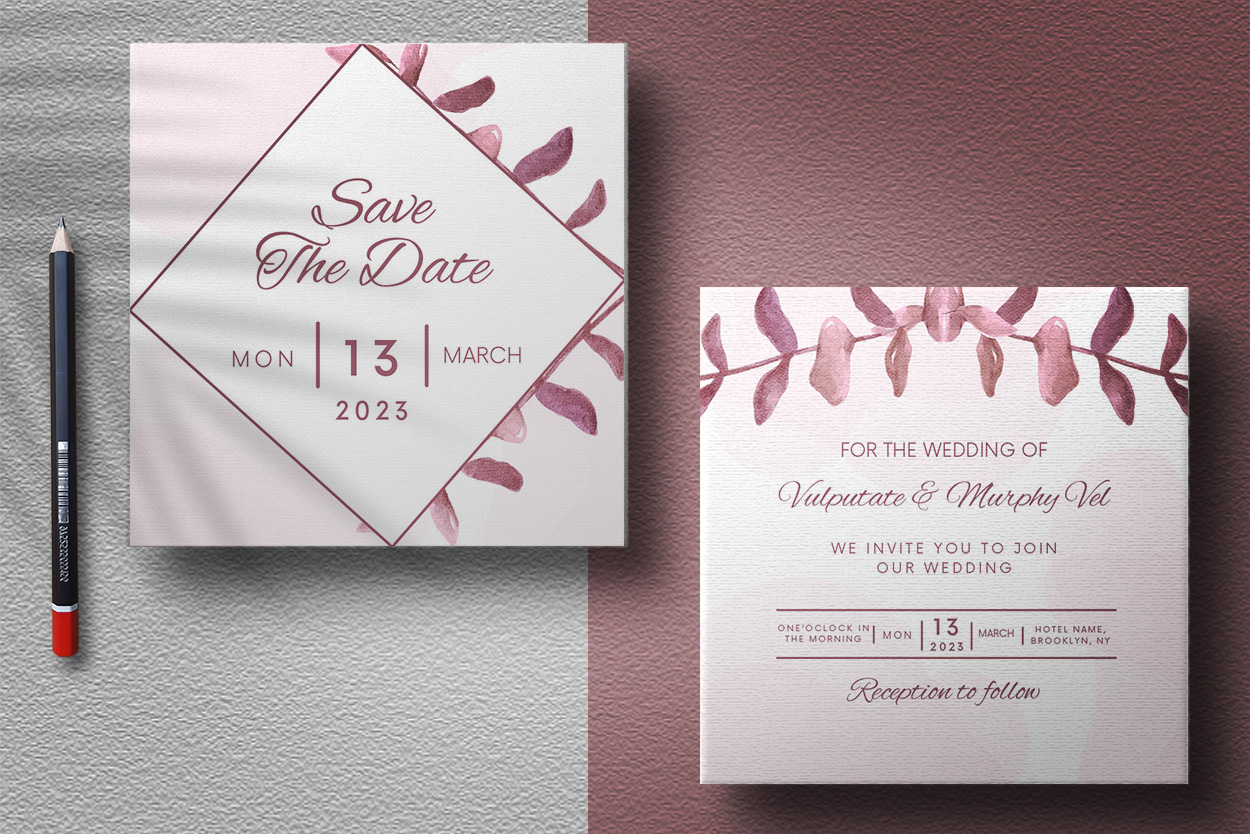 Image of enchanting wedding invitation with purple leaves.