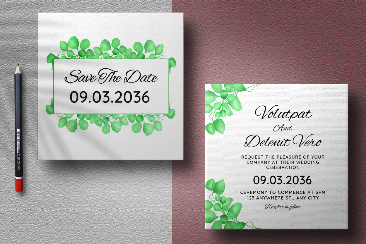 Wedding Сard with Green Leaves Border presentation.