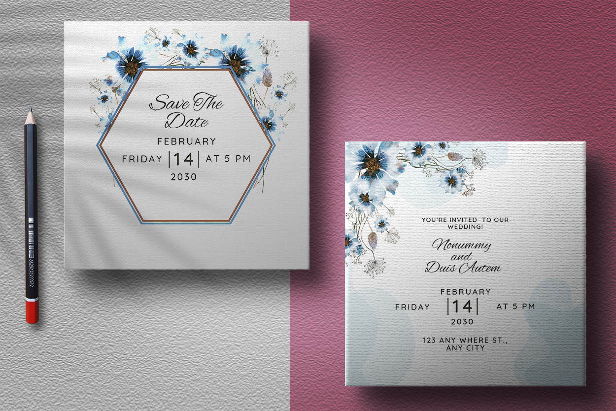 Blue Watercolor Florals Wedding Invitation Card presentation.