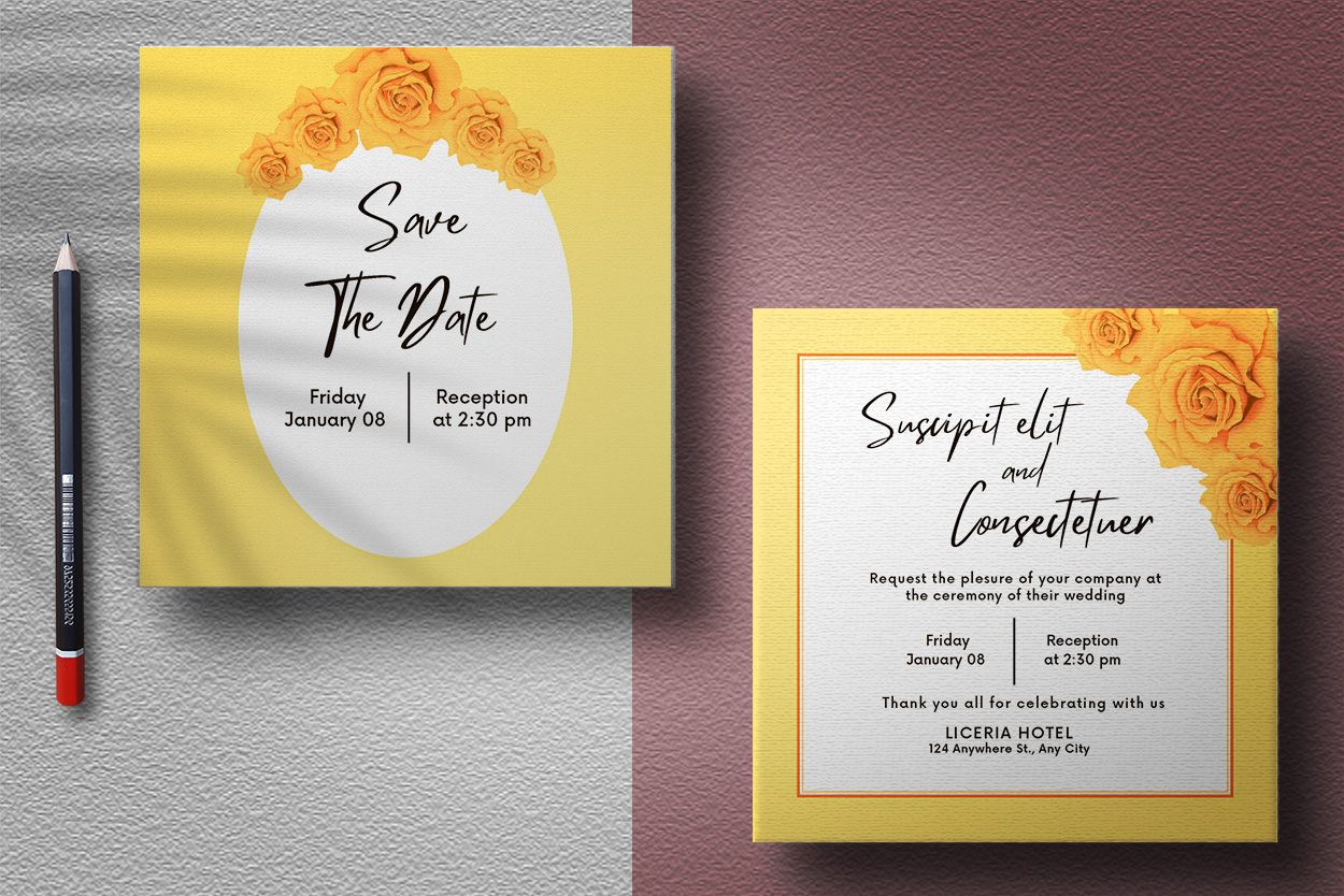 Two square yellow wedding invitations.