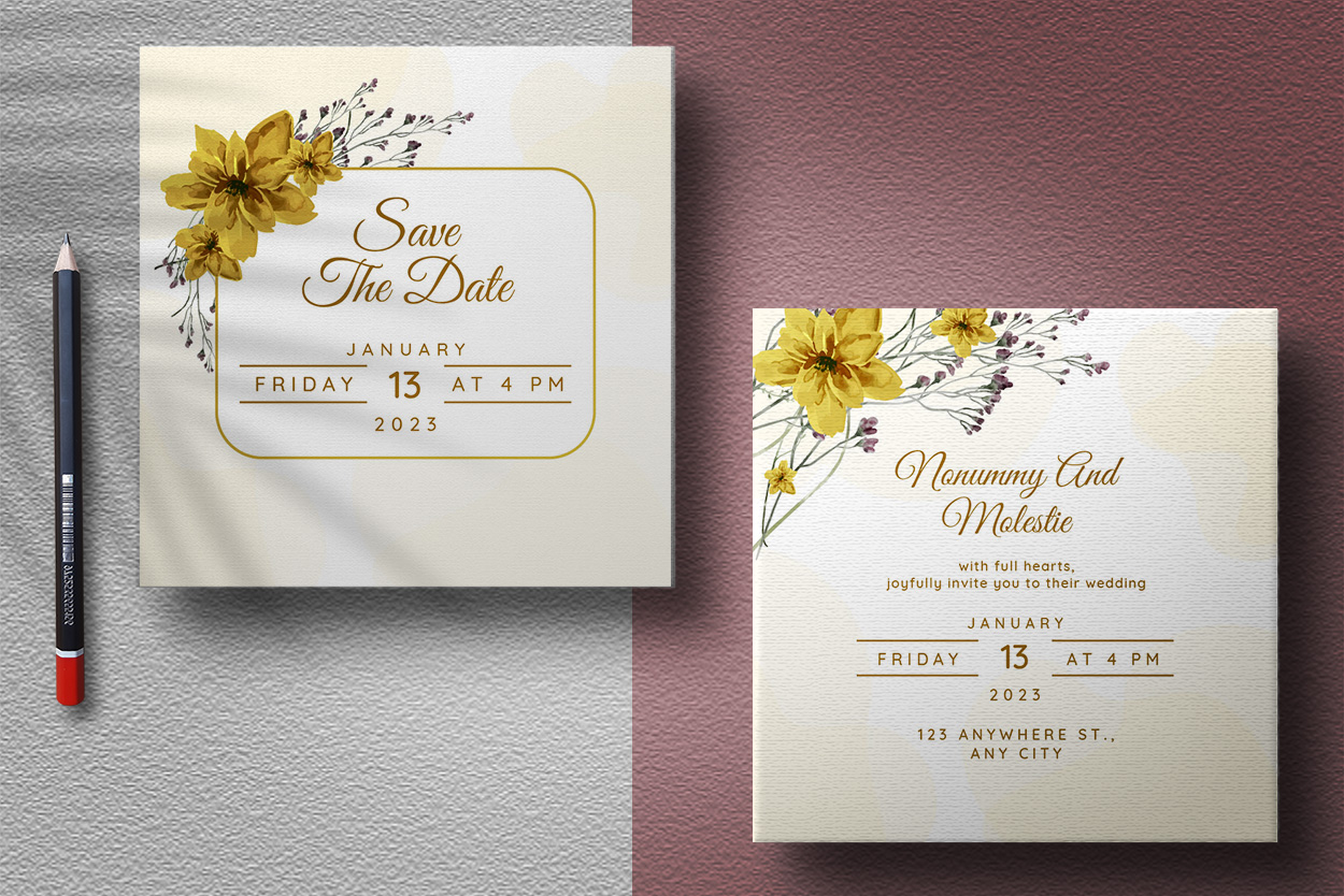 Images of colorful wedding card with floral design.