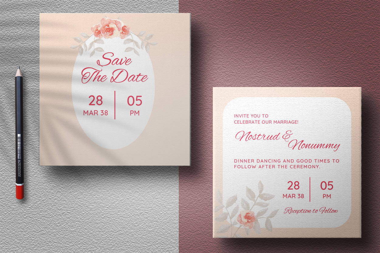 Image of colorful wedding invitation with pink flowers.