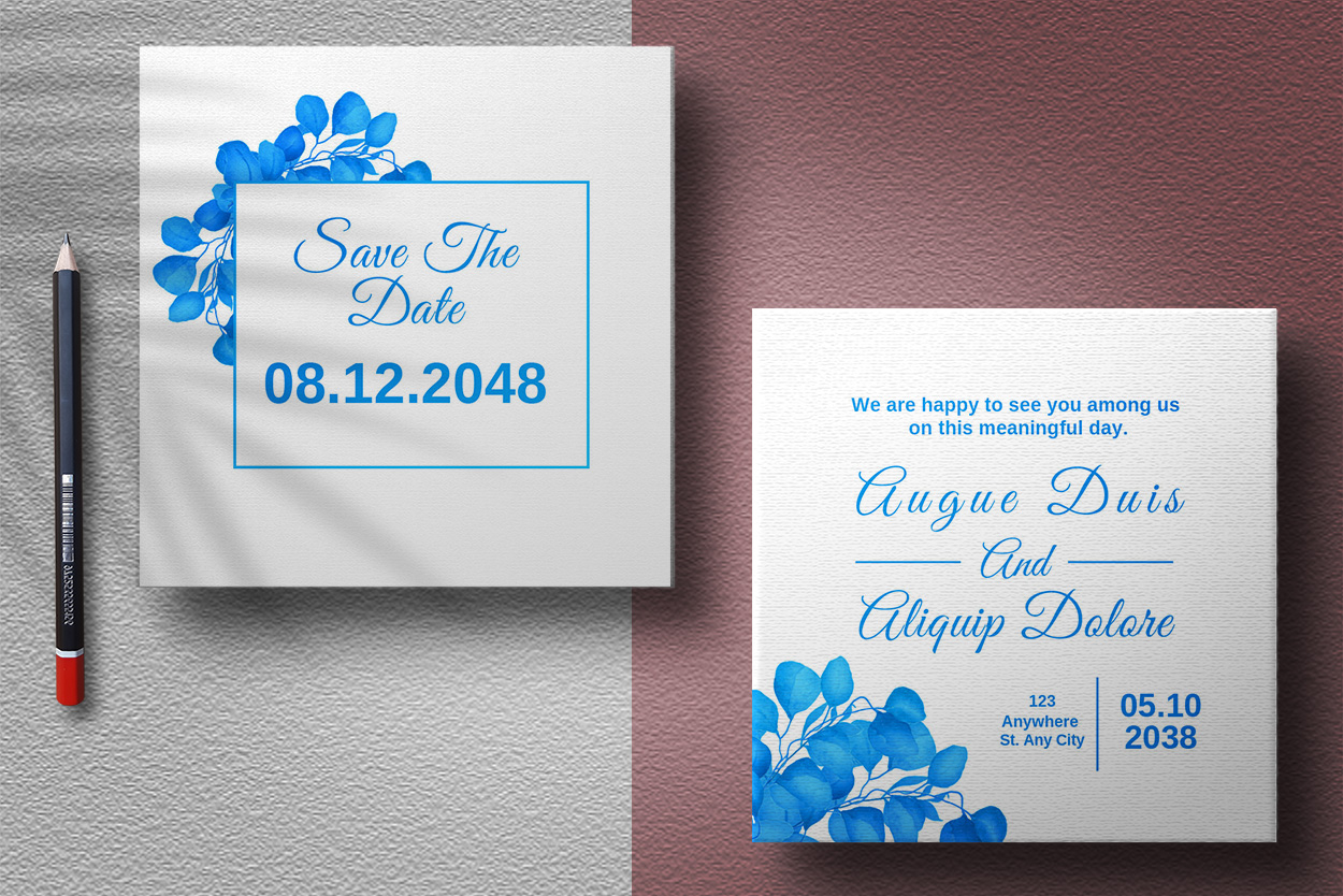 Wedding Card Design with Blue Leaf presentation.