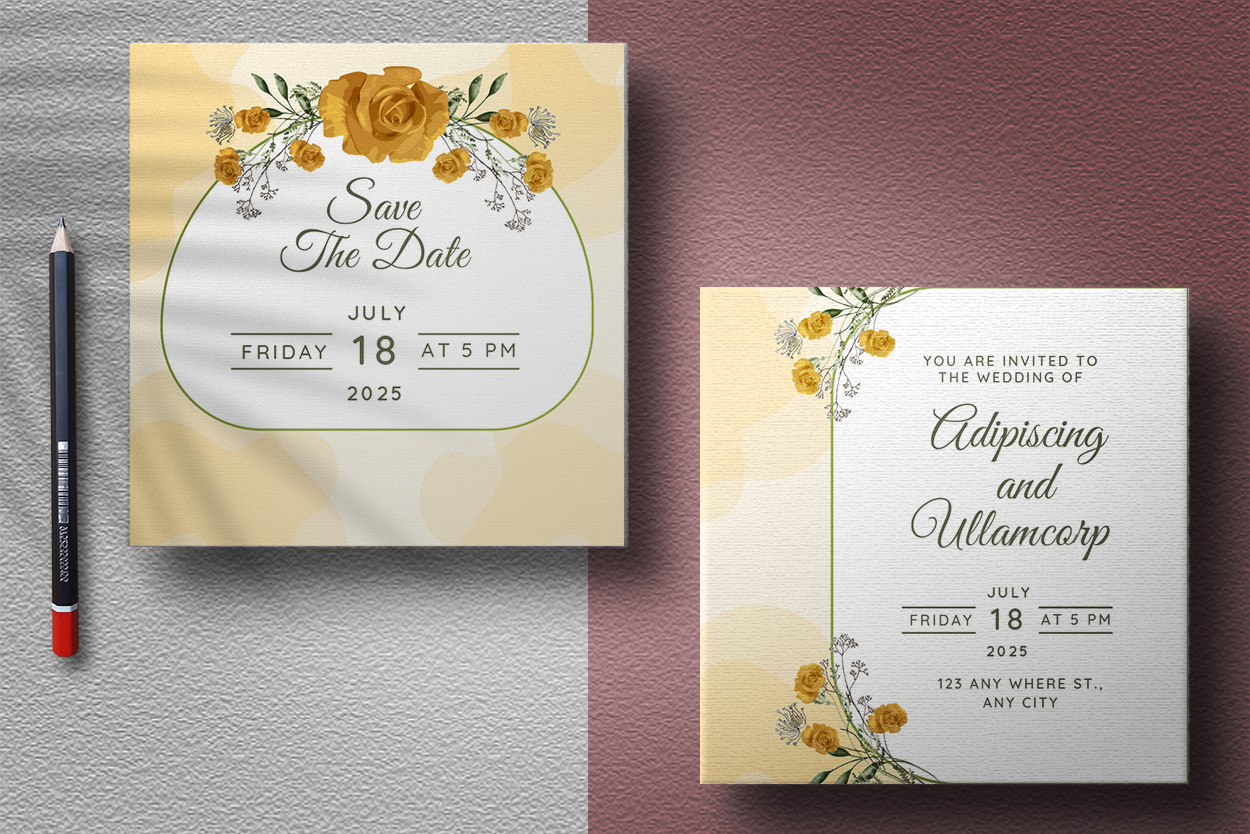 Image of colorful wedding card with yellow roses.