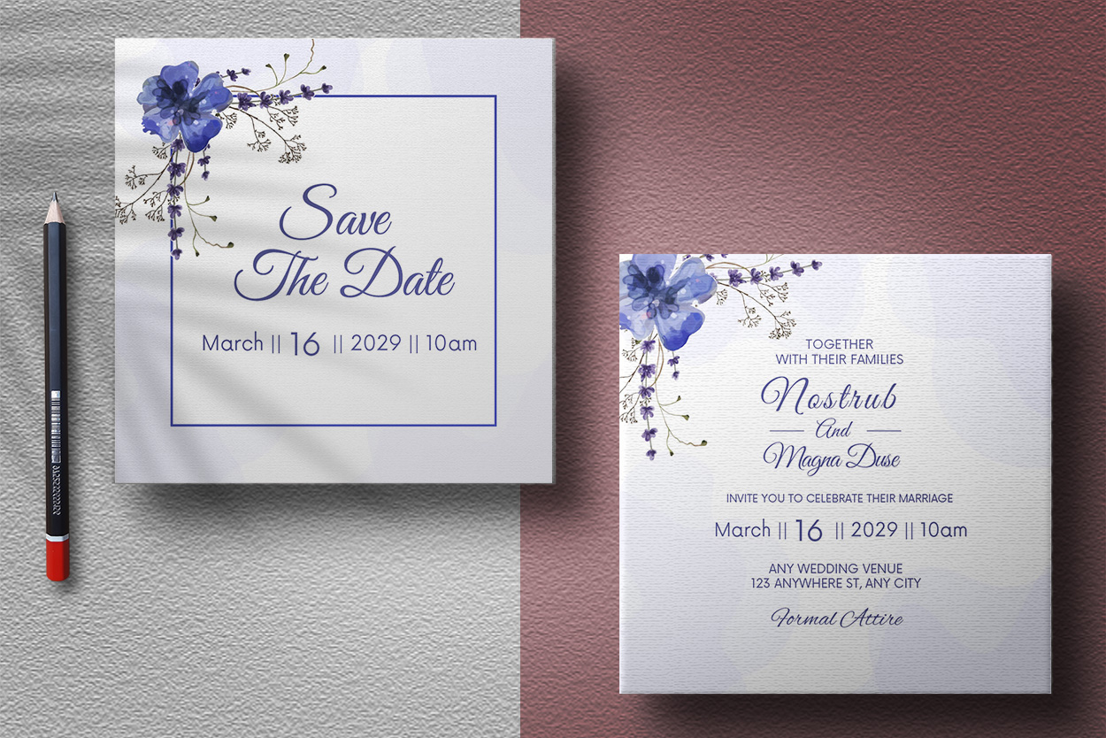 Navy Blue Floral Wedding Invitation Card Template presentation.