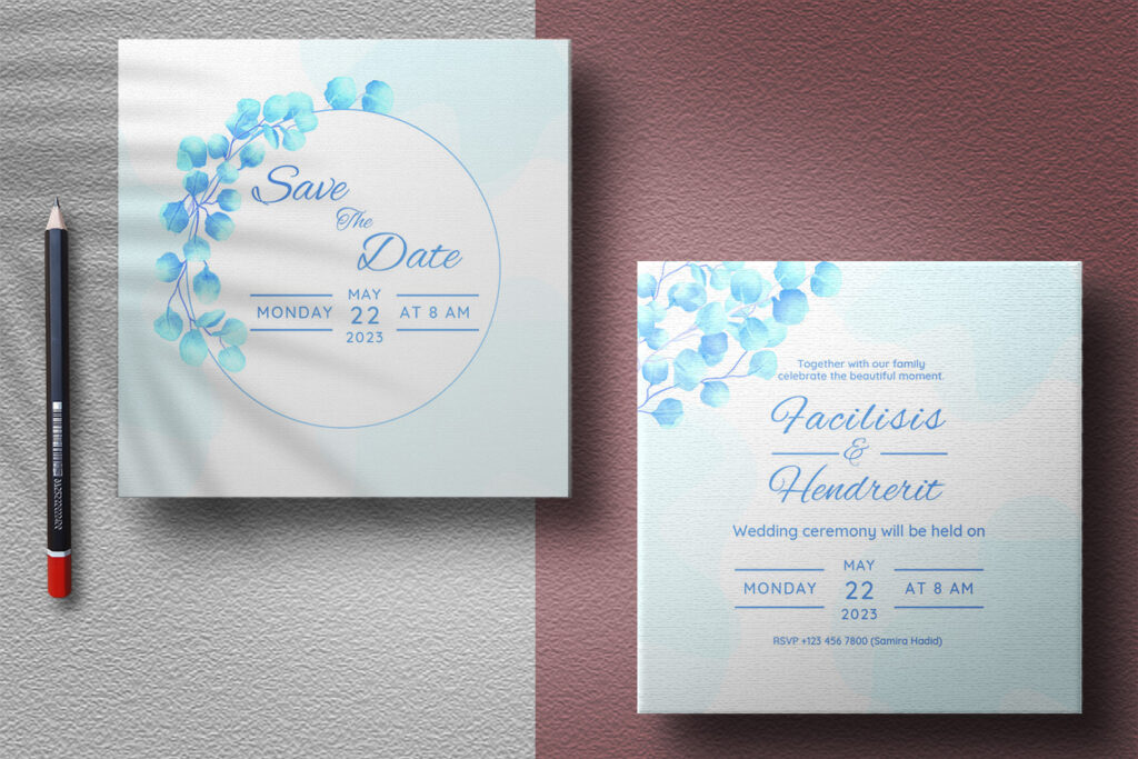 Watercolor Blue Floral Wedding Card Design - MasterBundles