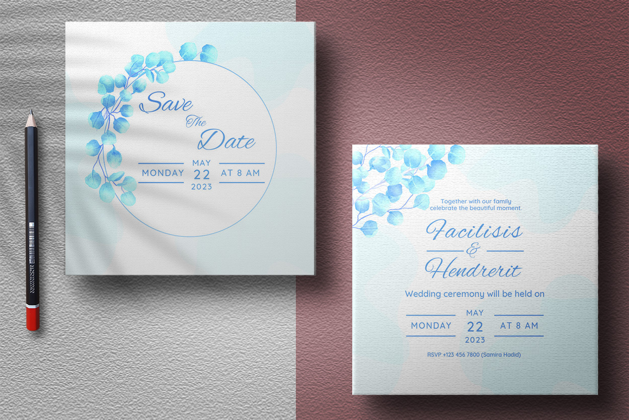 Watercolor Blue Floral Wedding Card Design presentation.