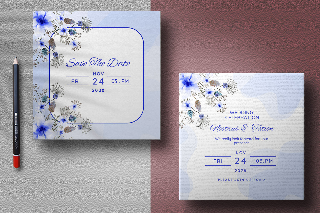 Blue White Floral Wedding Invitation Card presentation.